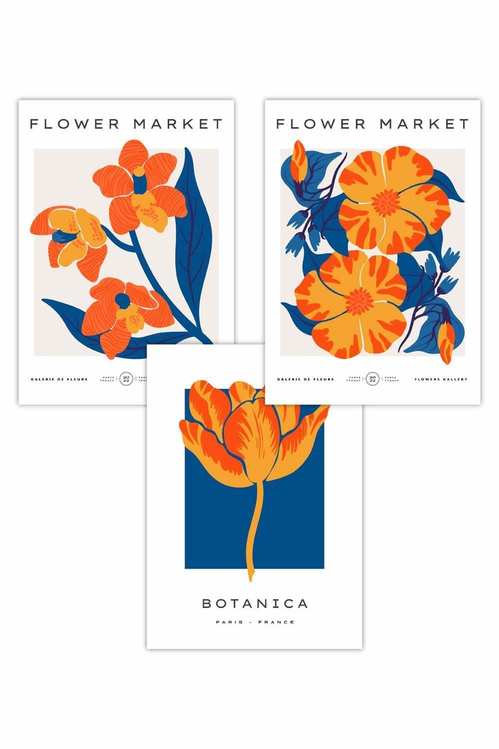 Set of 3 Blue & Orange Flower Market Art Posters