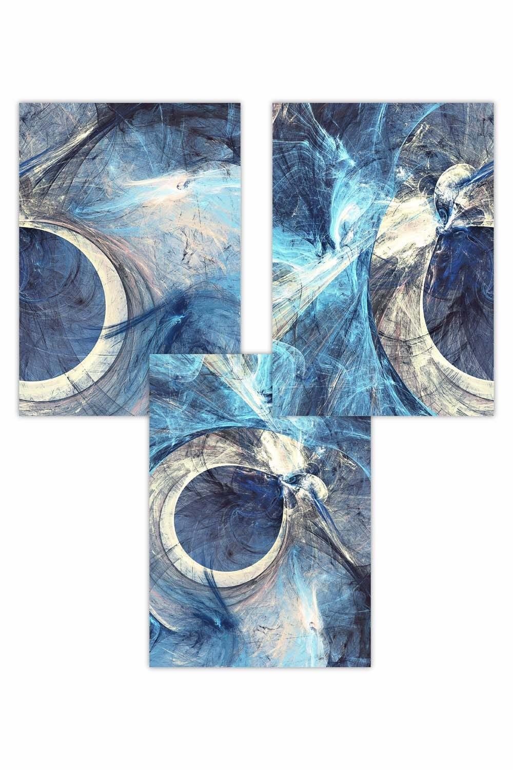 Set of 3 Abstract Blue and Cream Mixed Media Fractal Art Posters