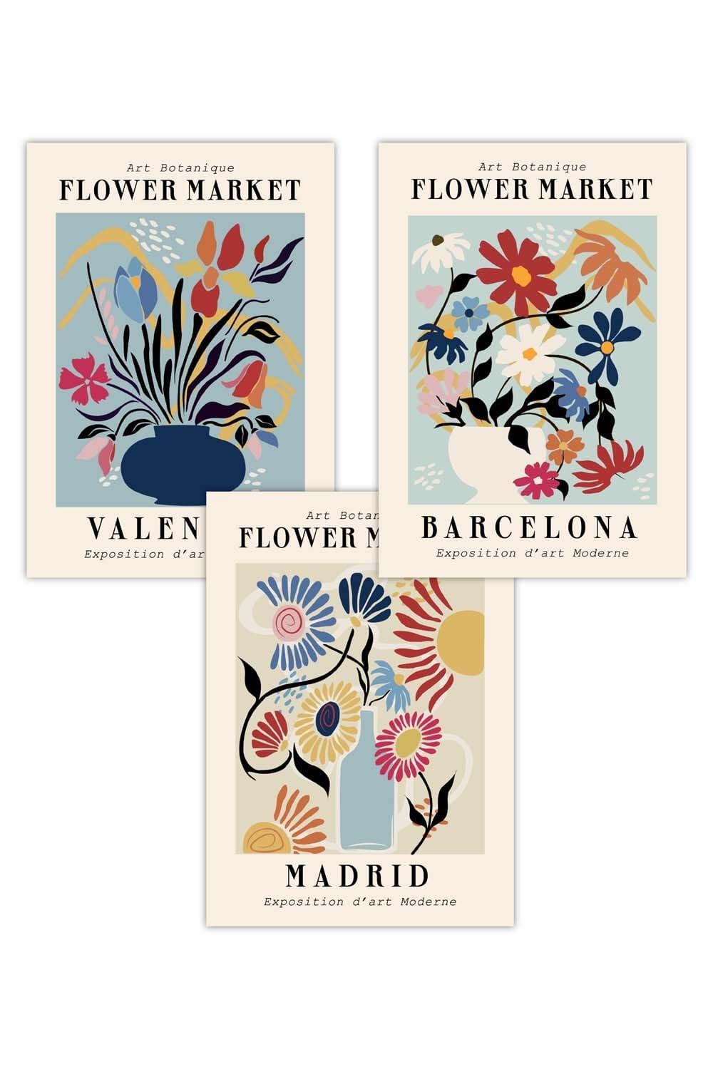 Set of 3 Flower Market Barcelona Exhibition in Bright Colours Art Posters