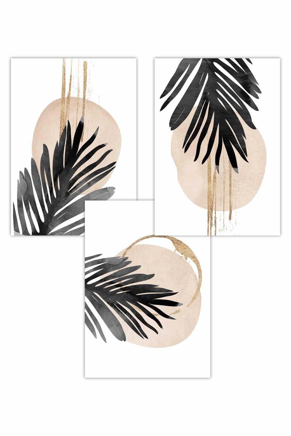 Set of 3 Abstract Watercolour Black Palm Leaves Art Posters