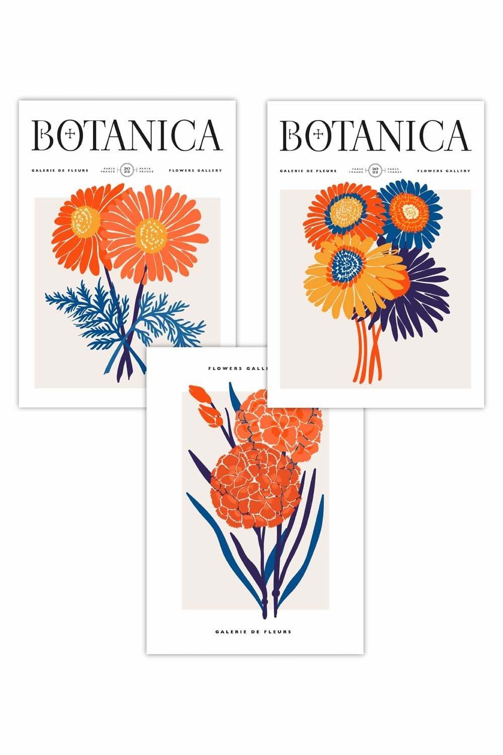 Set of 3 Bright Orange & Blue Flower Market Art Posters
