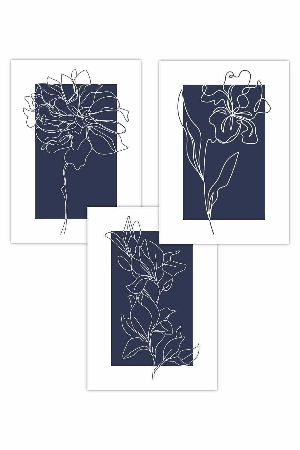 Set of 3 Line Art Sketch Flowers on Navy Blue Art Posters