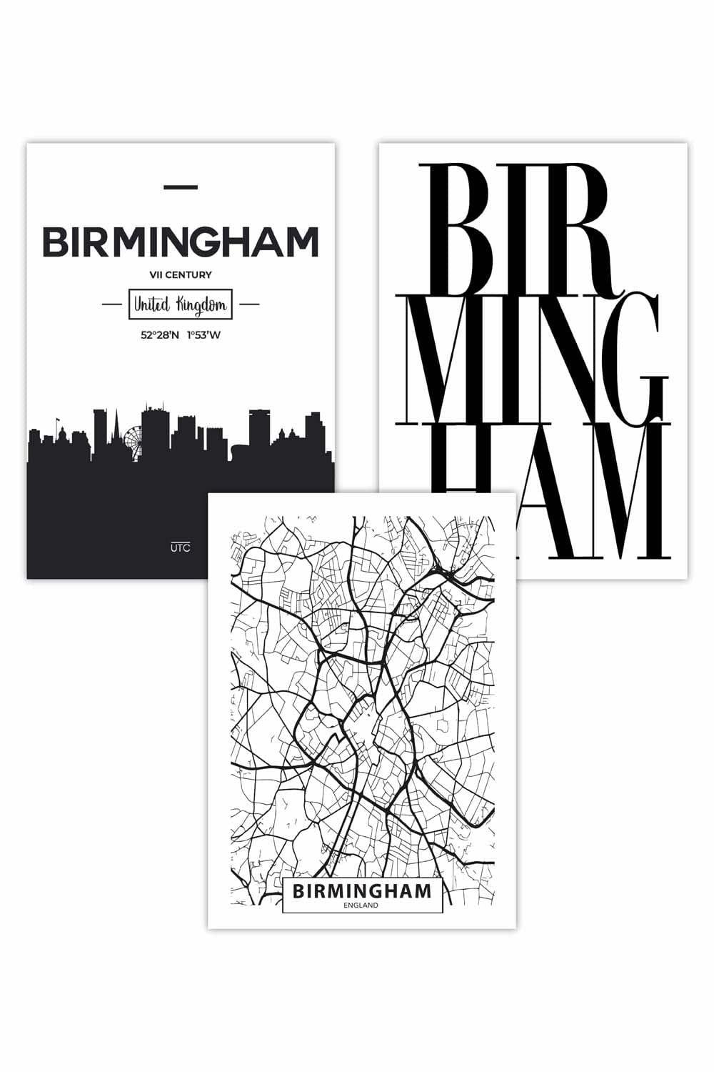 Set of 3 BIRMINGHAM Skyline Street Map City Prints Art Posters
