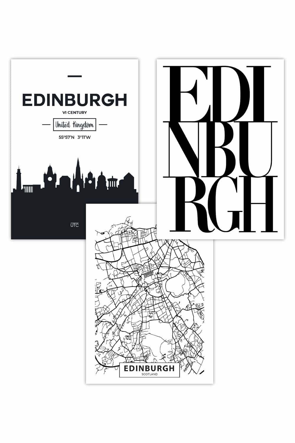 Set of 3 EDINBURGH Skyline Street Map City Prints Art Posters