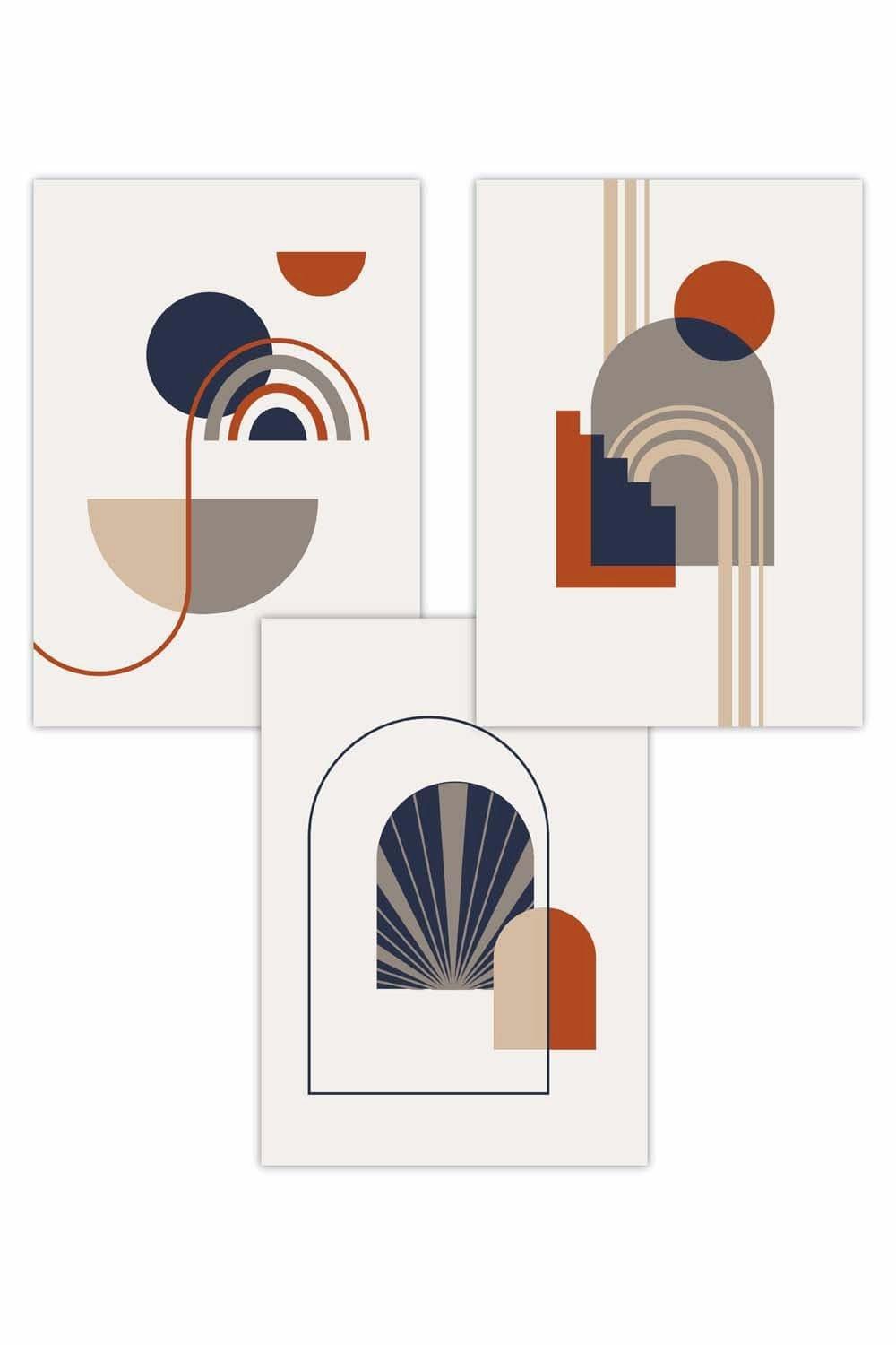 Set of 3 Mid Century Terracotta, Beige and Navy Blue Arches Art Posters