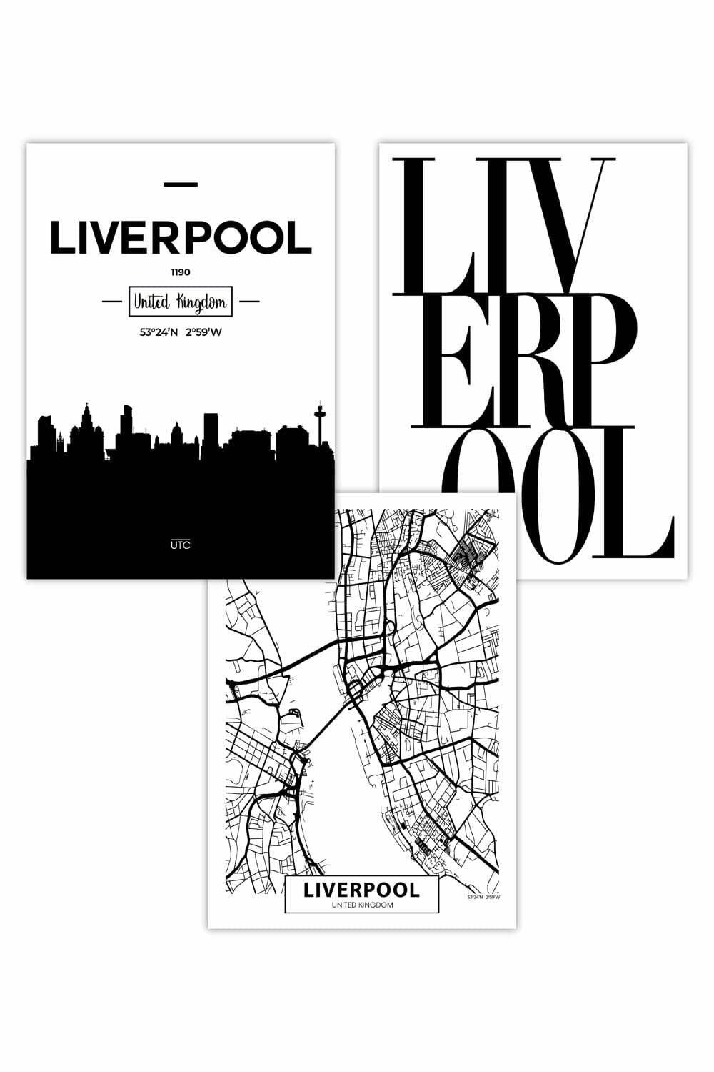 Set of 3 LIVERPOOL Skyline Street Map City Prints Art Posters