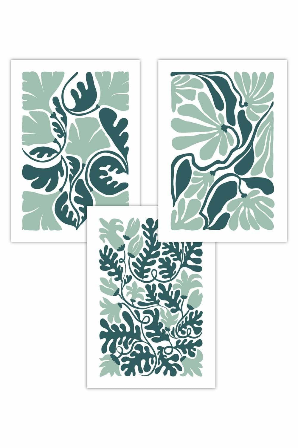 Set of 3 Boho Abstract Green and White Floral Art Posters