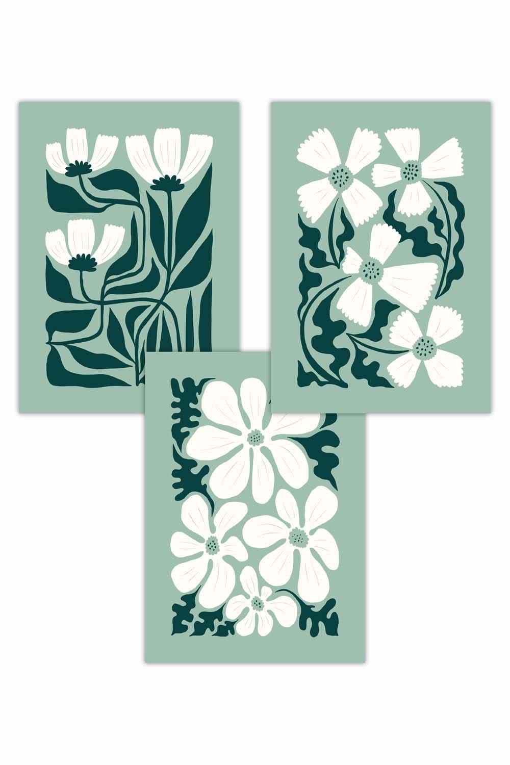 Set of 3  Green and White Boho Abstract Floral Art Posters