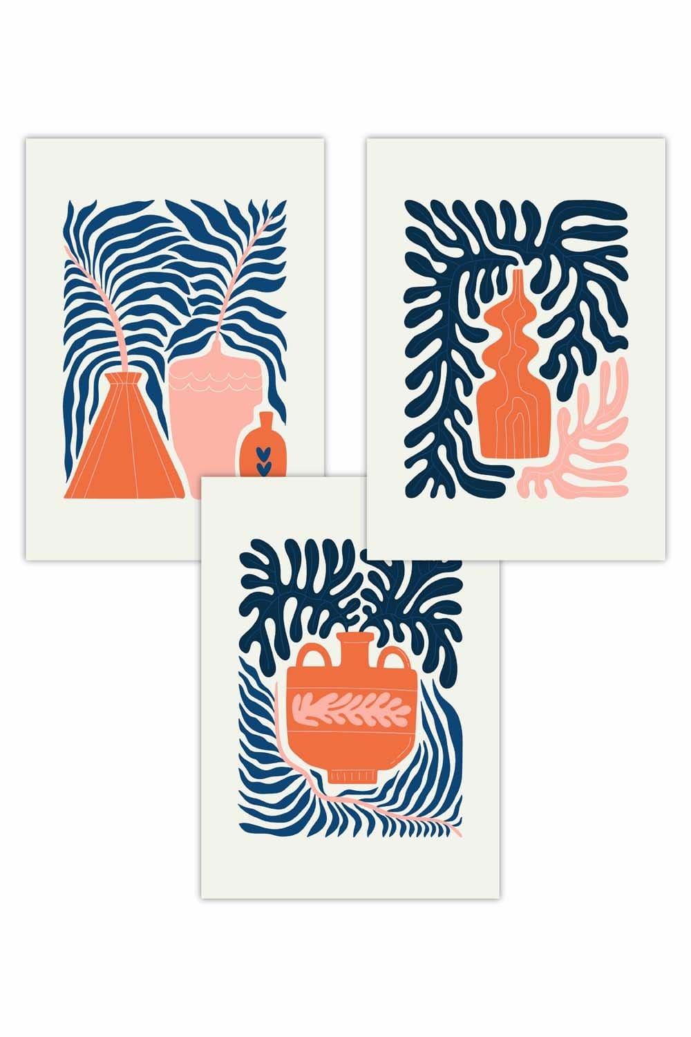 Set of 3 Pink and Navy Blue Boho Graphical Botanical Art Posters
