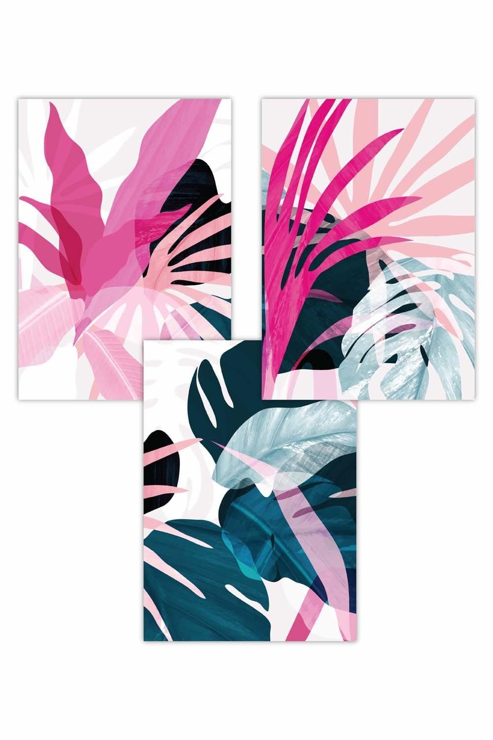 Set of 3 Abstract Pink and Blue Tropical Triptych Art Posters