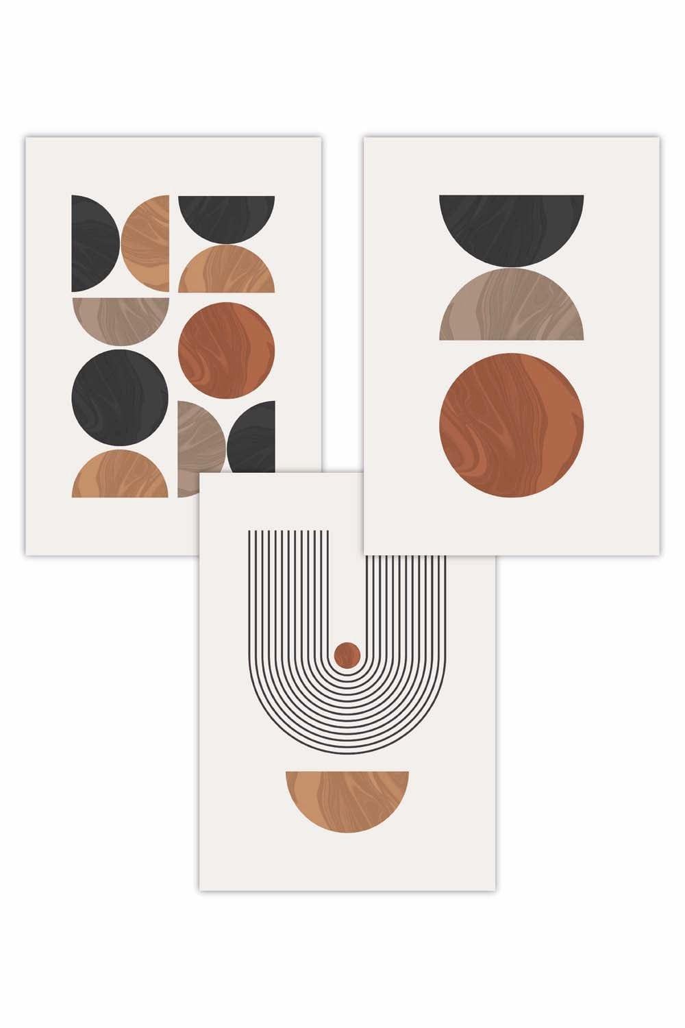 Set of 3 Mid Century Geometric in Black and Brown Art Posters