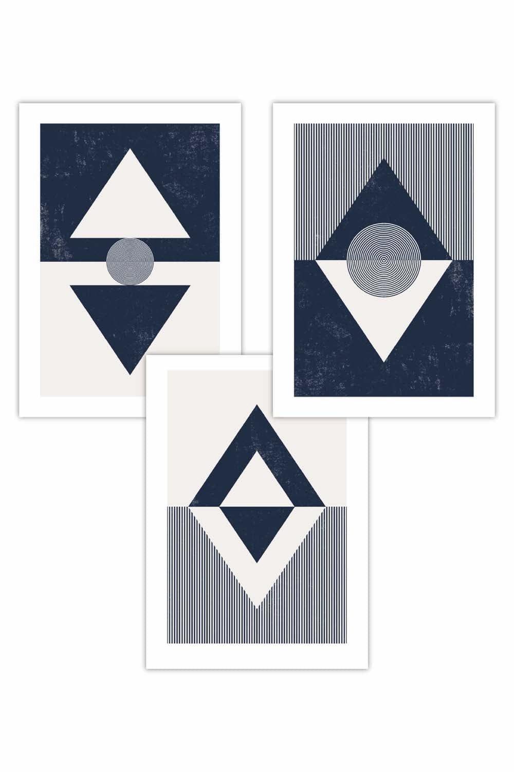 Set of 3 Mid Century Geometric Navy Blue Diamonds Art Posters