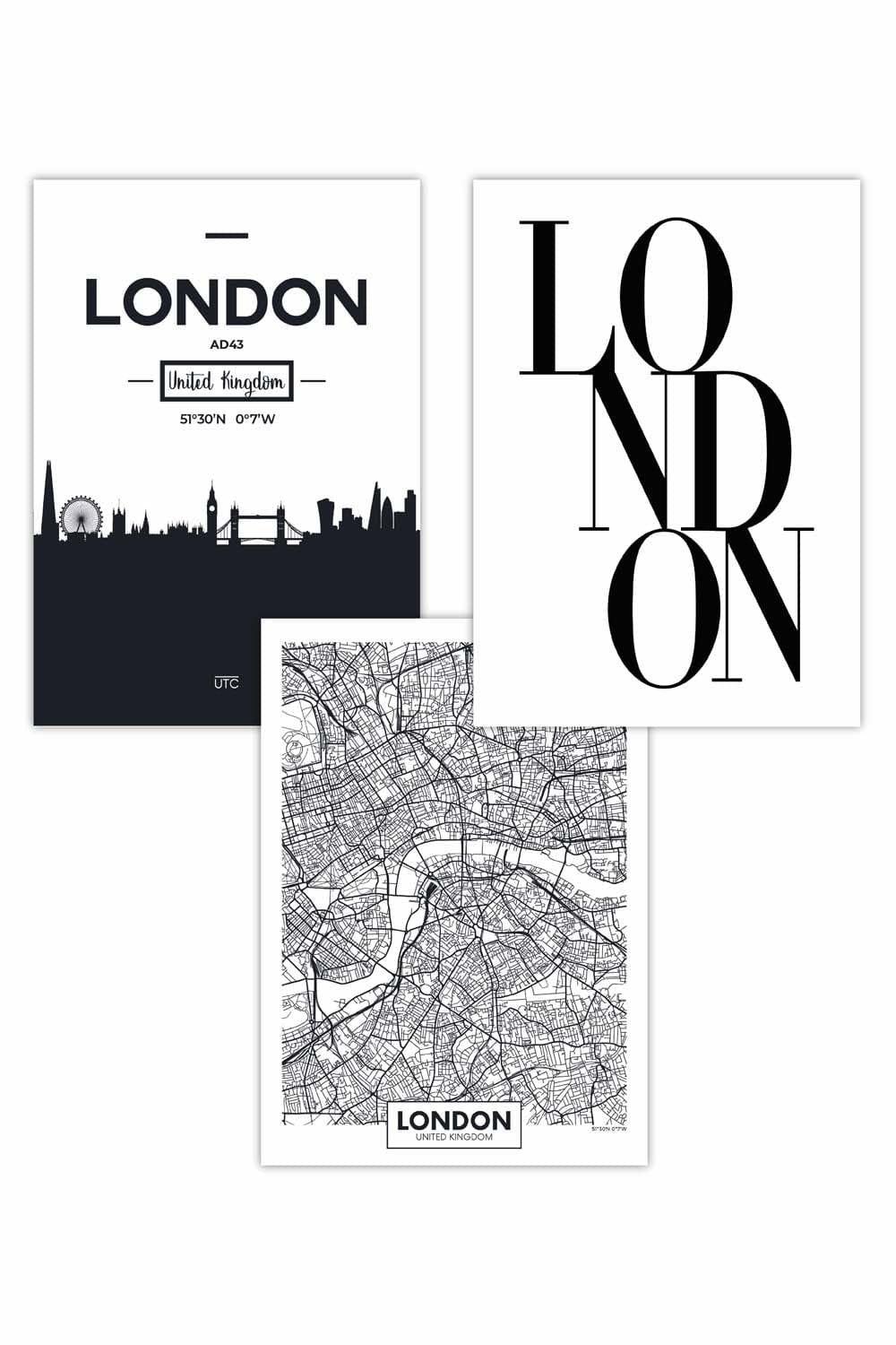 Set of 3 LONDON Skyline Street Map City Prints Art Posters