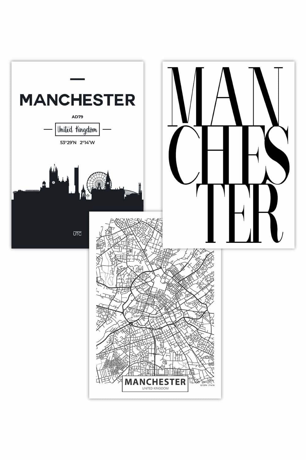 Set of 3 MANCHESTER Skyline Street Map City Prints Art Posters