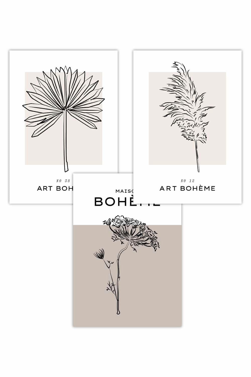Set of 3 Minimalist Sketch Leaves Flowers Beige and Ivory Art Posters
