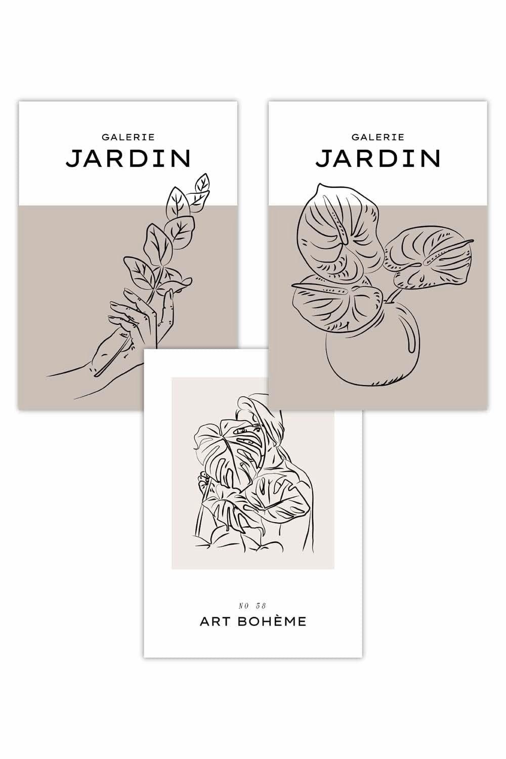 Set of 3 Minimalist Sketch Boho Botanical in Beige and Ivory Art Posters