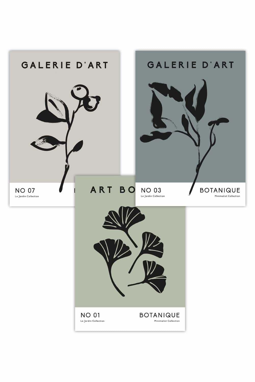 Set of 3 Minimalist Sketch Leaves Flowers Grey Blue Green Art Posters