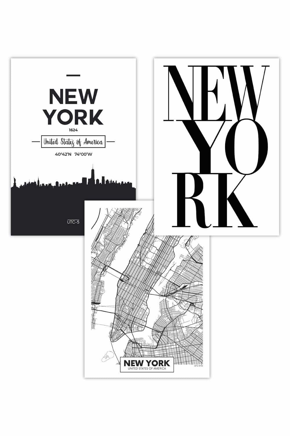 Set of 3 NEW YORK Skyline Street Map City Prints Art Posters