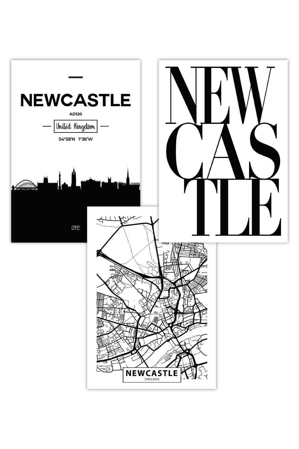 Set of 3 NEWCASTLE Skyline Street Map City Prints Art Posters