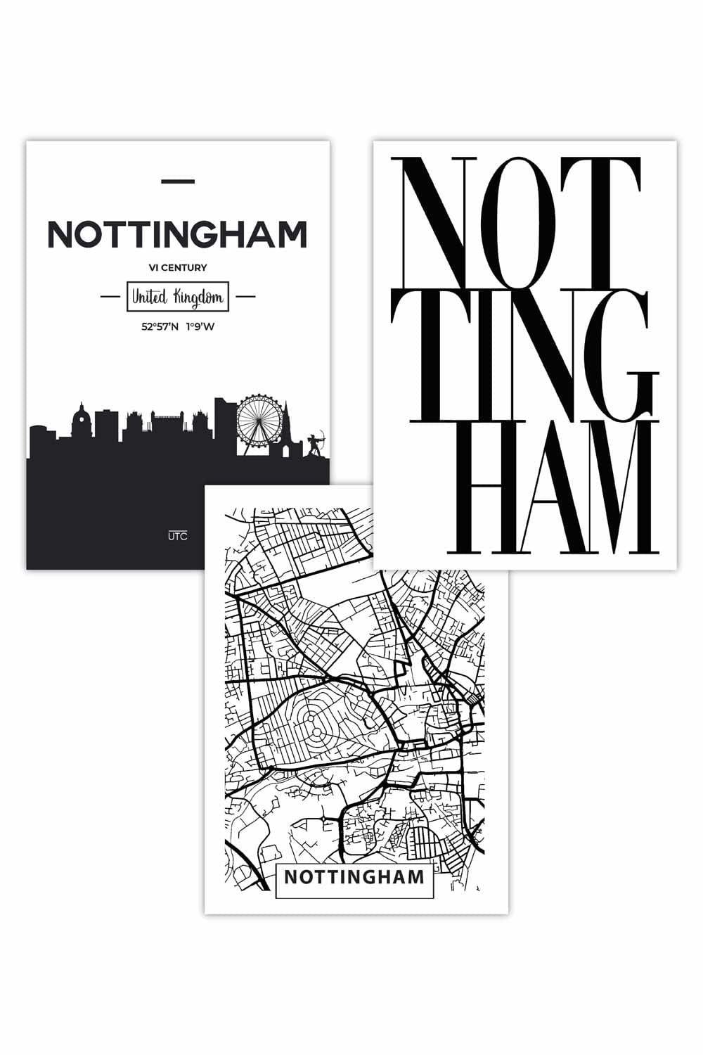Set of 3 NOTTINGHAM Skyline Street Map City Prints Art Posters