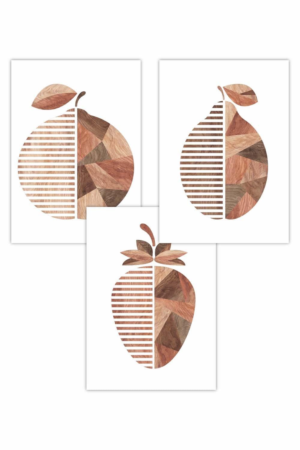 Set of 3 Geometric Fruit in Wood Grain Effect Art Posters