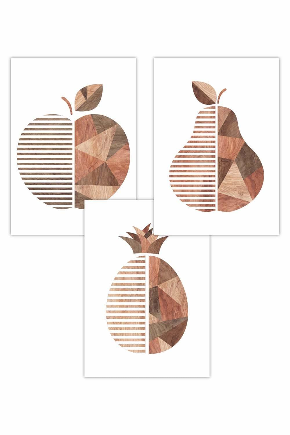 Set of 3 Geometric Wood Grain Effect Fruit Art Posters