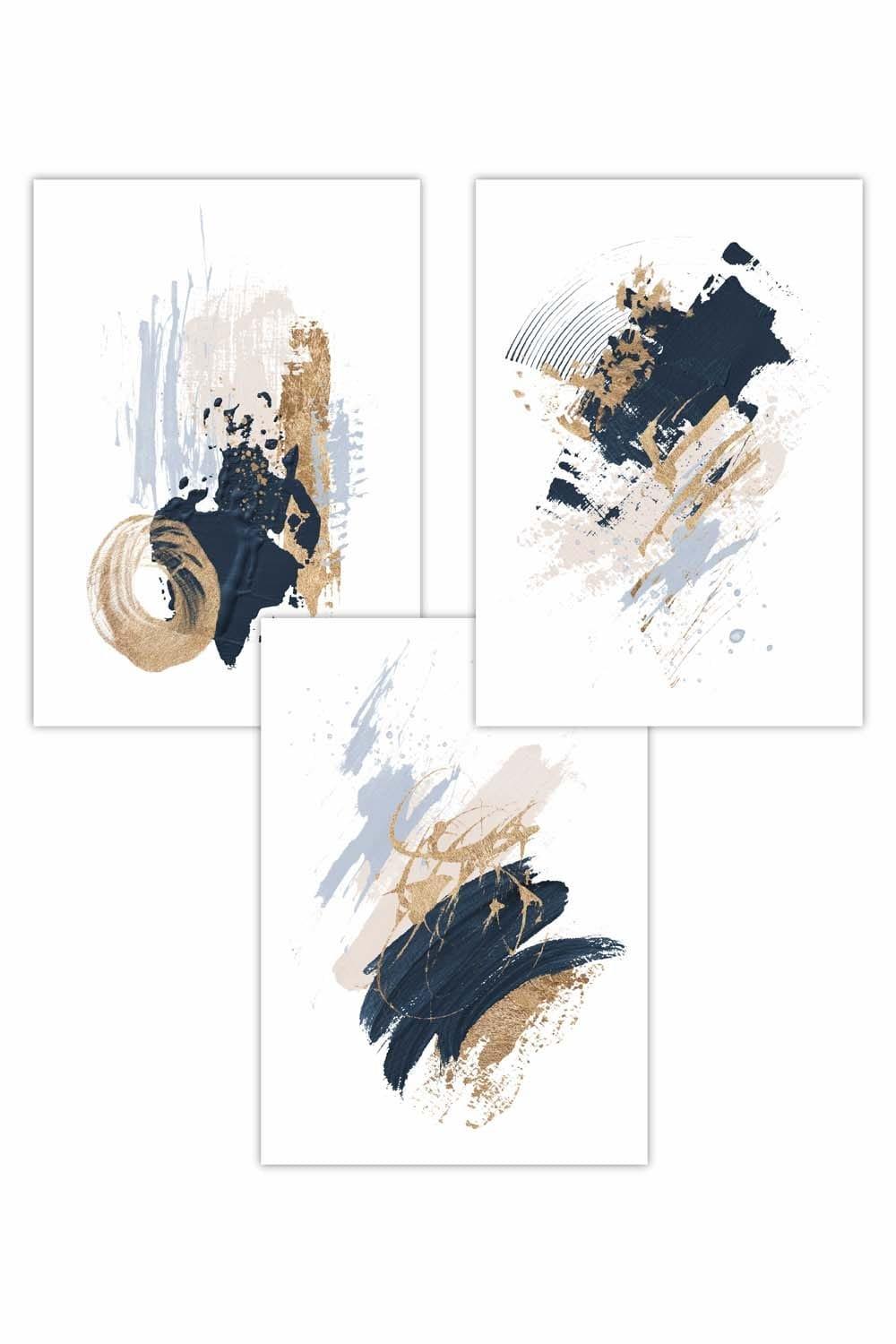 Set of 3 Abstract Navy Blue Ivory and Gold Oil Strokes Art Posters