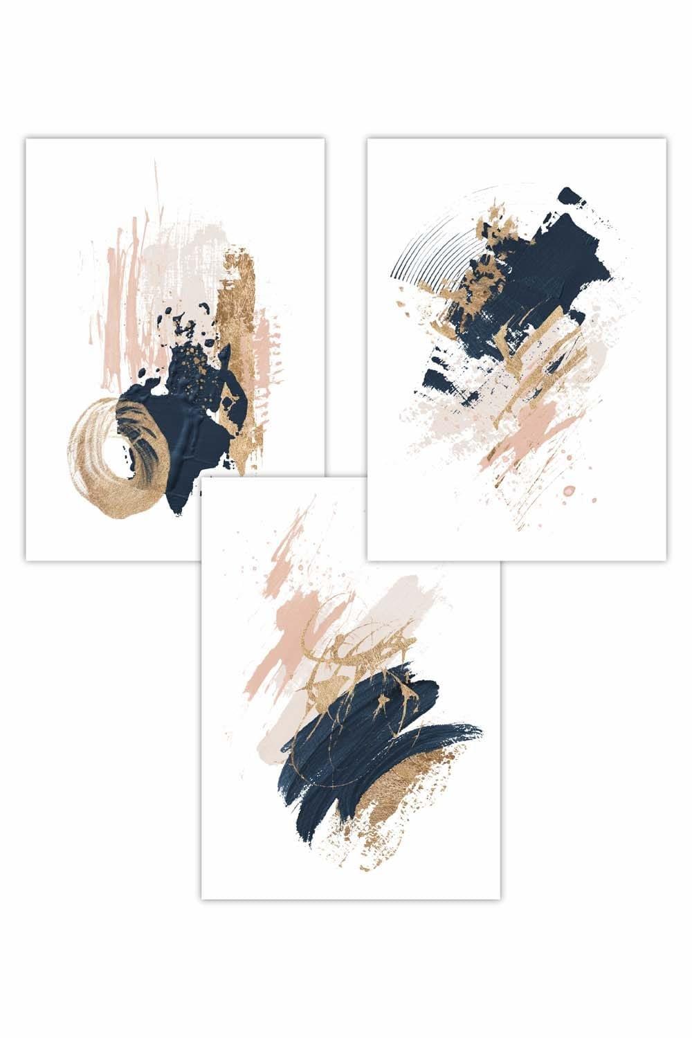 Set of 3 Abstract Navy Blue Pink and Gold Oil Strokes Art Posters