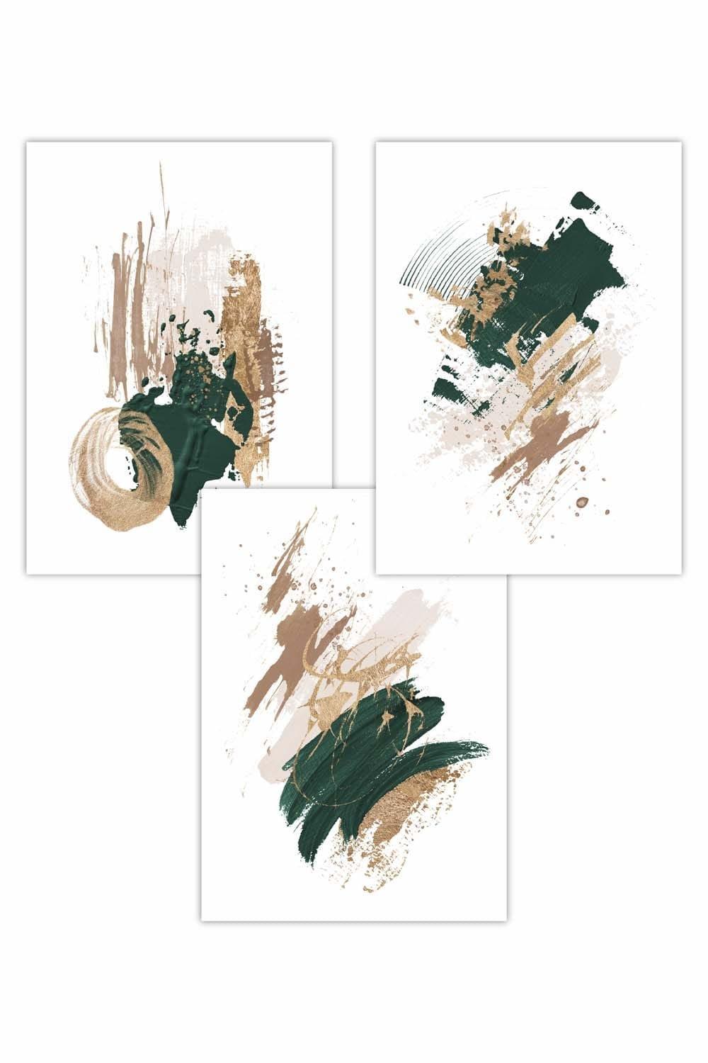 Set of 3 Abstract Green Beige and Gold Oil Strokes Art Posters