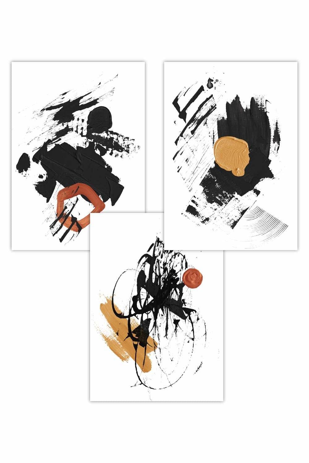 Set of 3 Abstract Black, Yellow, Orange Oil Strokes Art Posters