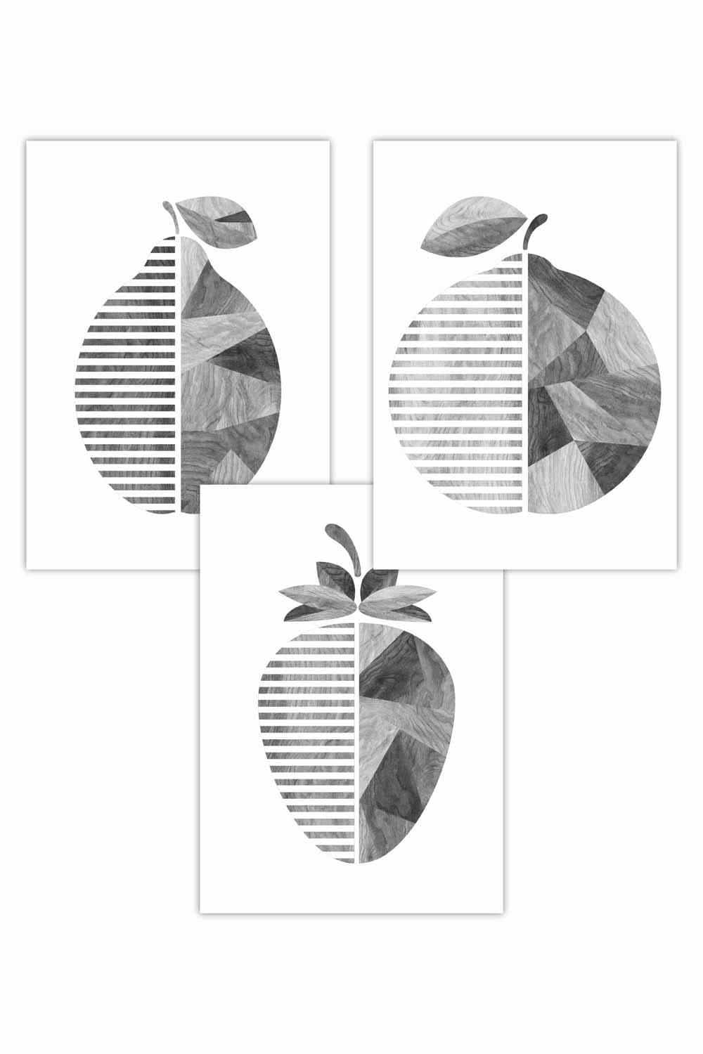 Set of 3 Geometric Grey Wood Grain Effect Fruit Art Posters