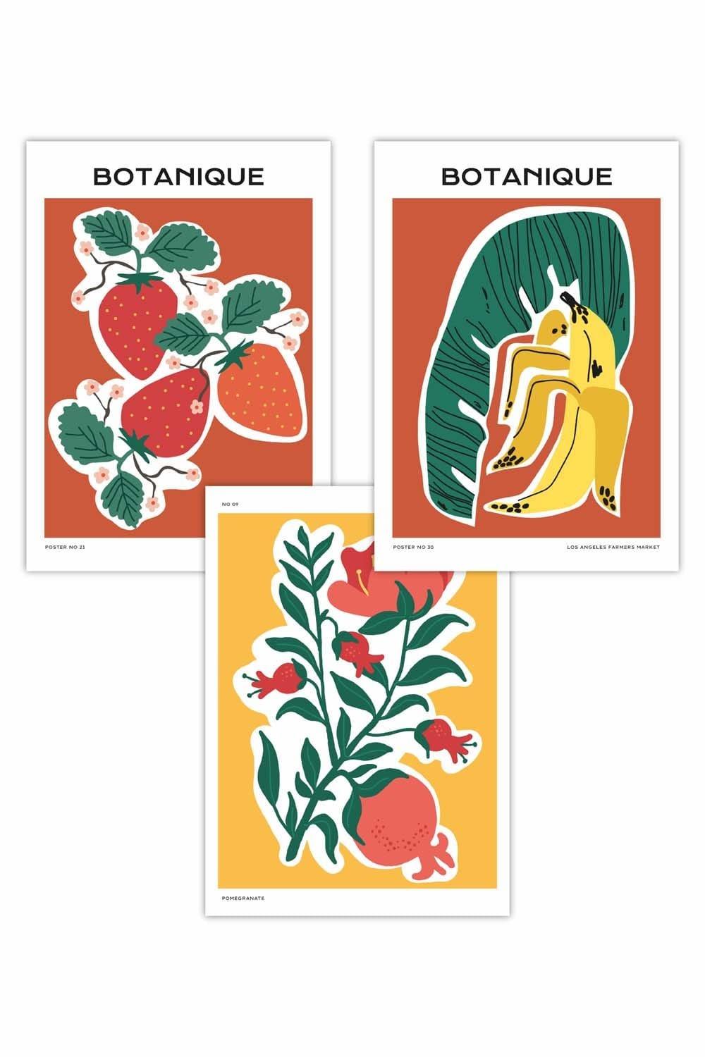 Set of 3 Farmers Market Fruit in Red Green Yellow Art Posters