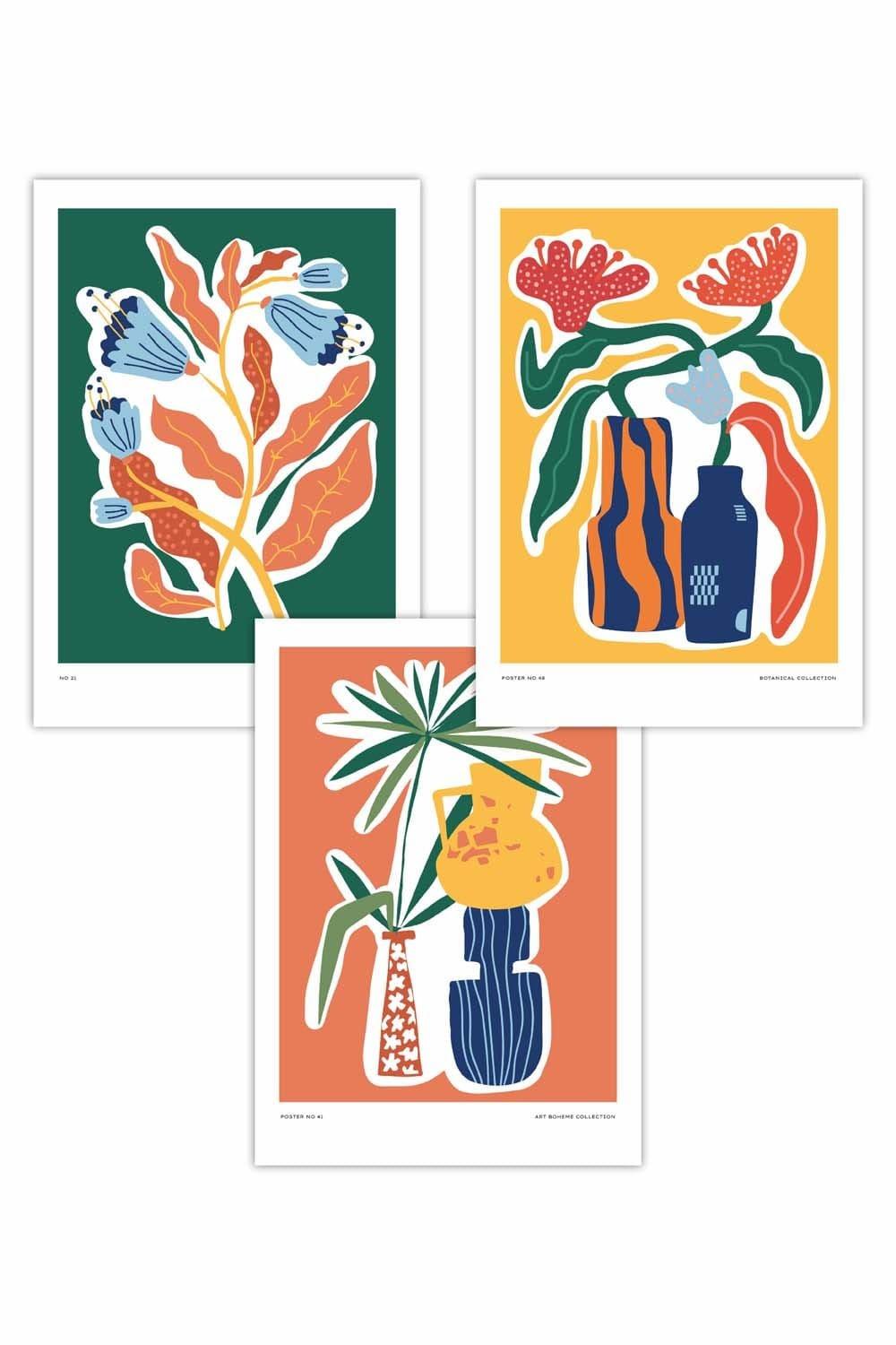 Set of 3 Artisan Flower Market in Green, Yellow and Orange Art Posters