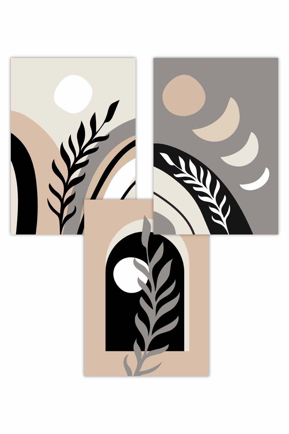Set of 3 Boho Abstract Botanical in Black Beige and Grey Art Posters