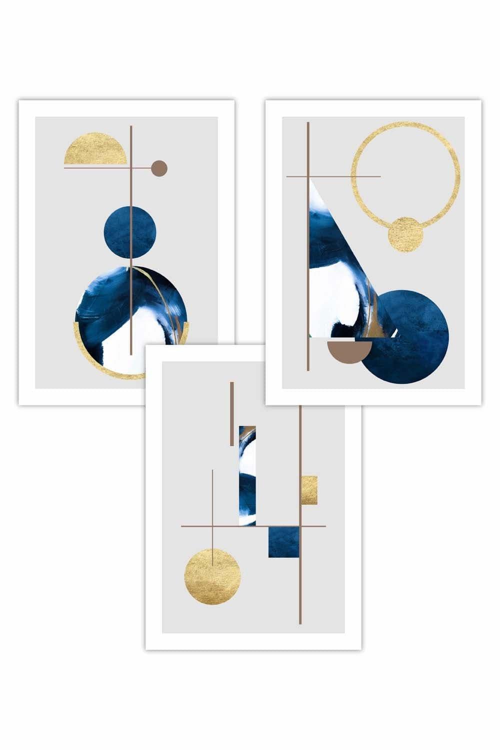 Set of 3 Abstract Textured Geometric Art in Navy Blue and Gold Art Posters