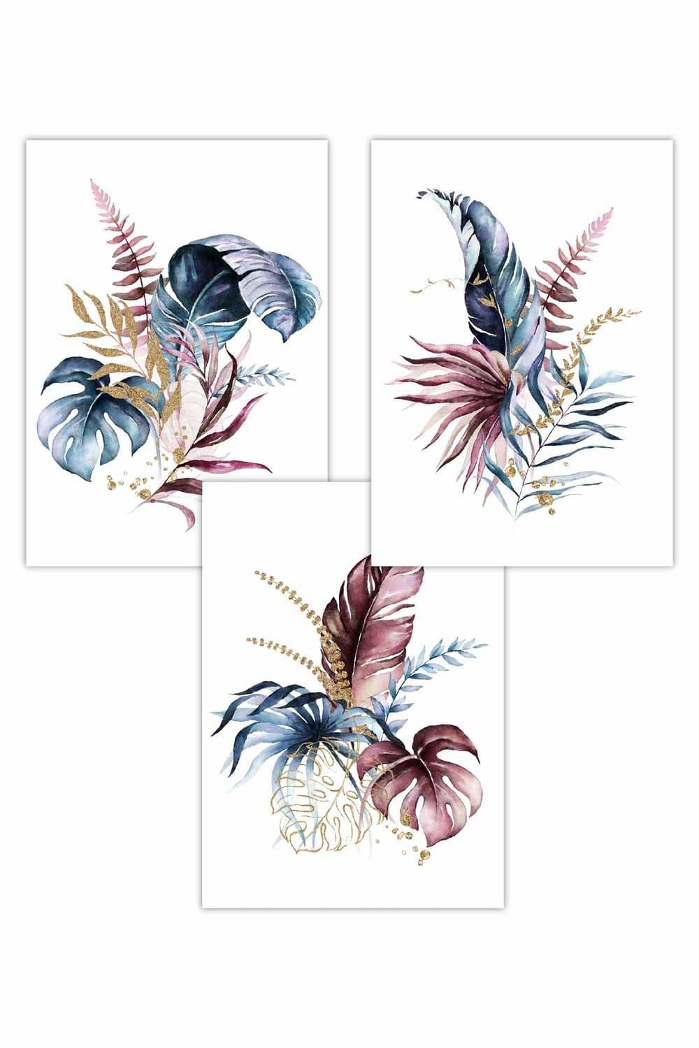 Set of 3 Blue Pink and Gold Botanical Leaves Art Posters