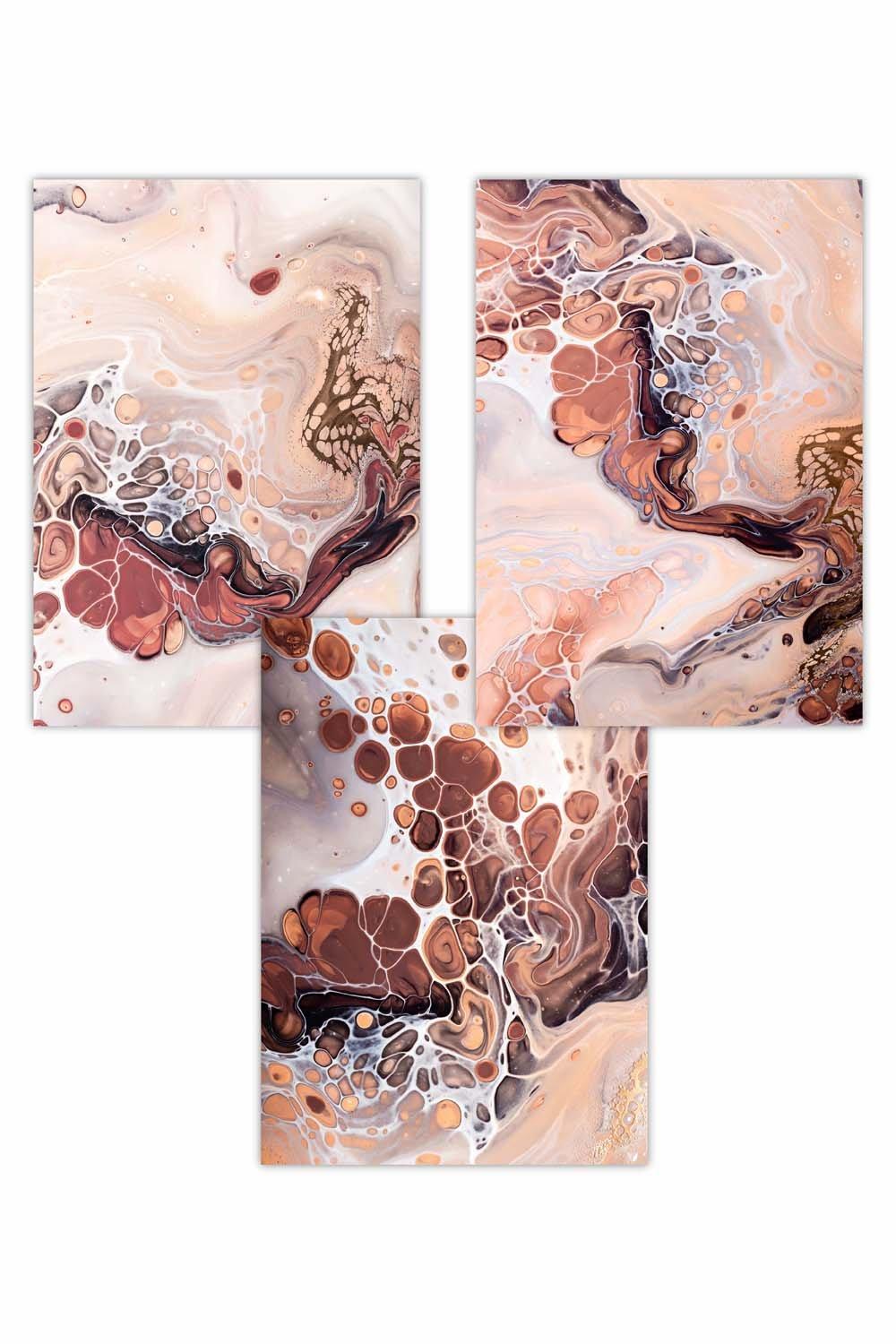 Set of 3 Abstract Fluid in Brown and Orange Art Posters