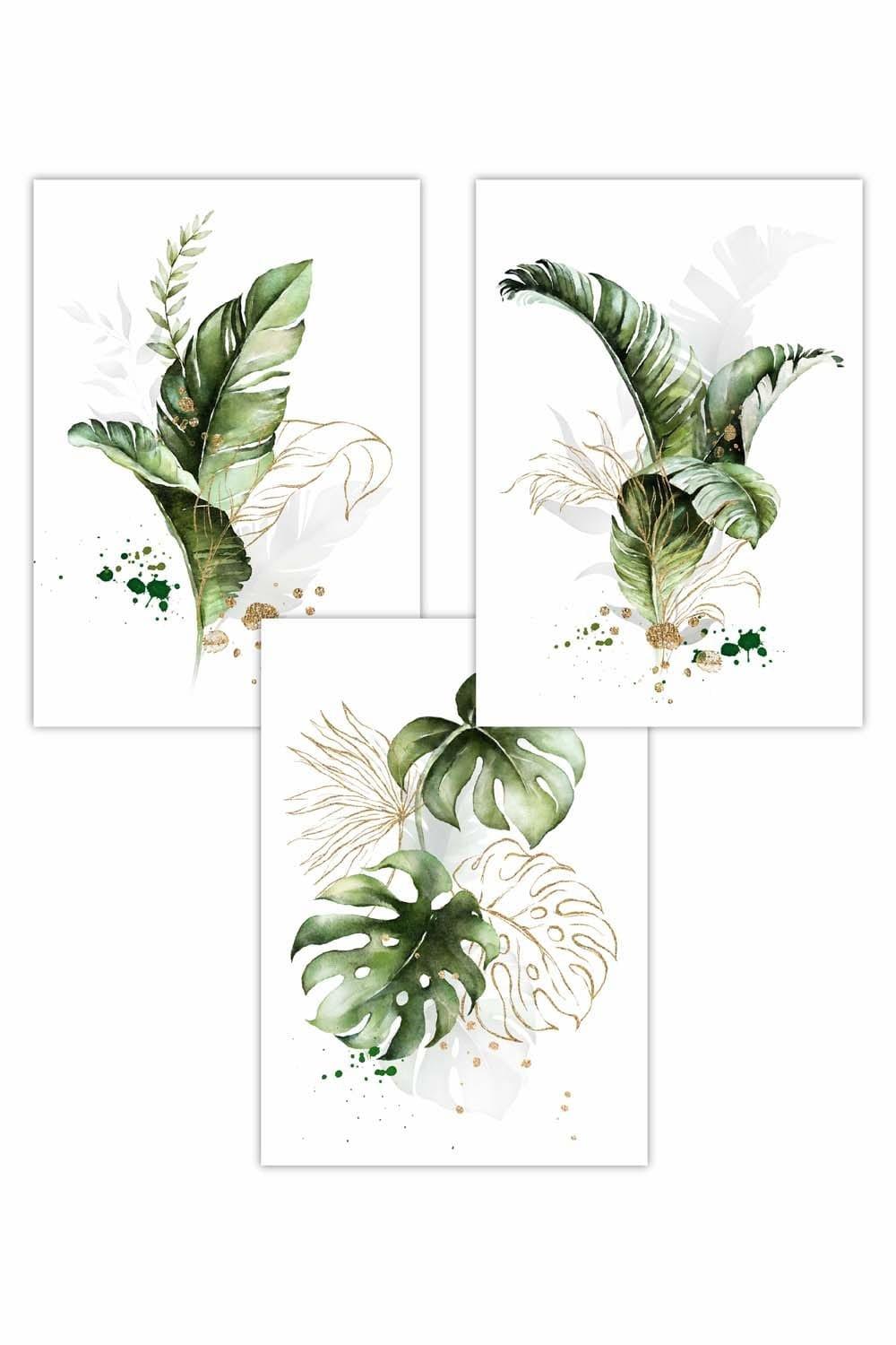 Set of 3 Green and Gold Botanical Leaves Art Posters