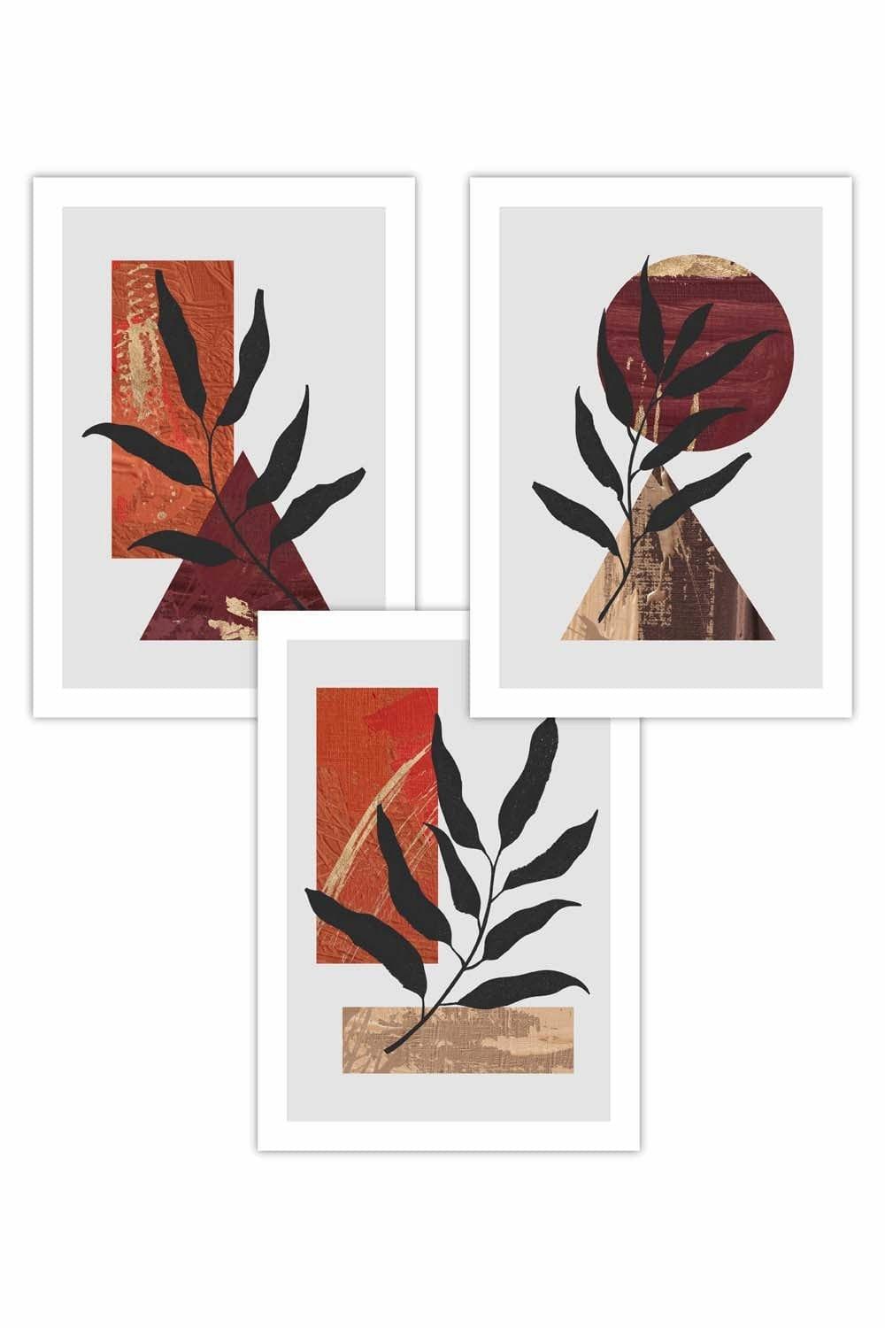 Set of 3 Abstract Textured Geometric Art in Red Orange and Gold Art Posters