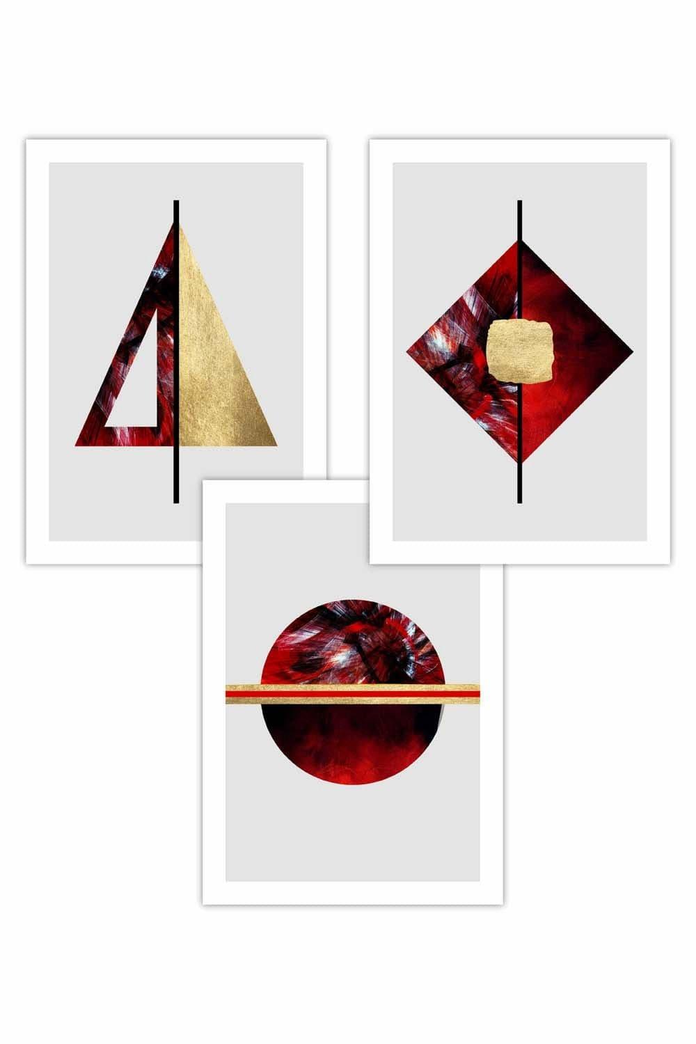 Set of 3 Abstract Art Deco in Red Orange and Gold Art Posters
