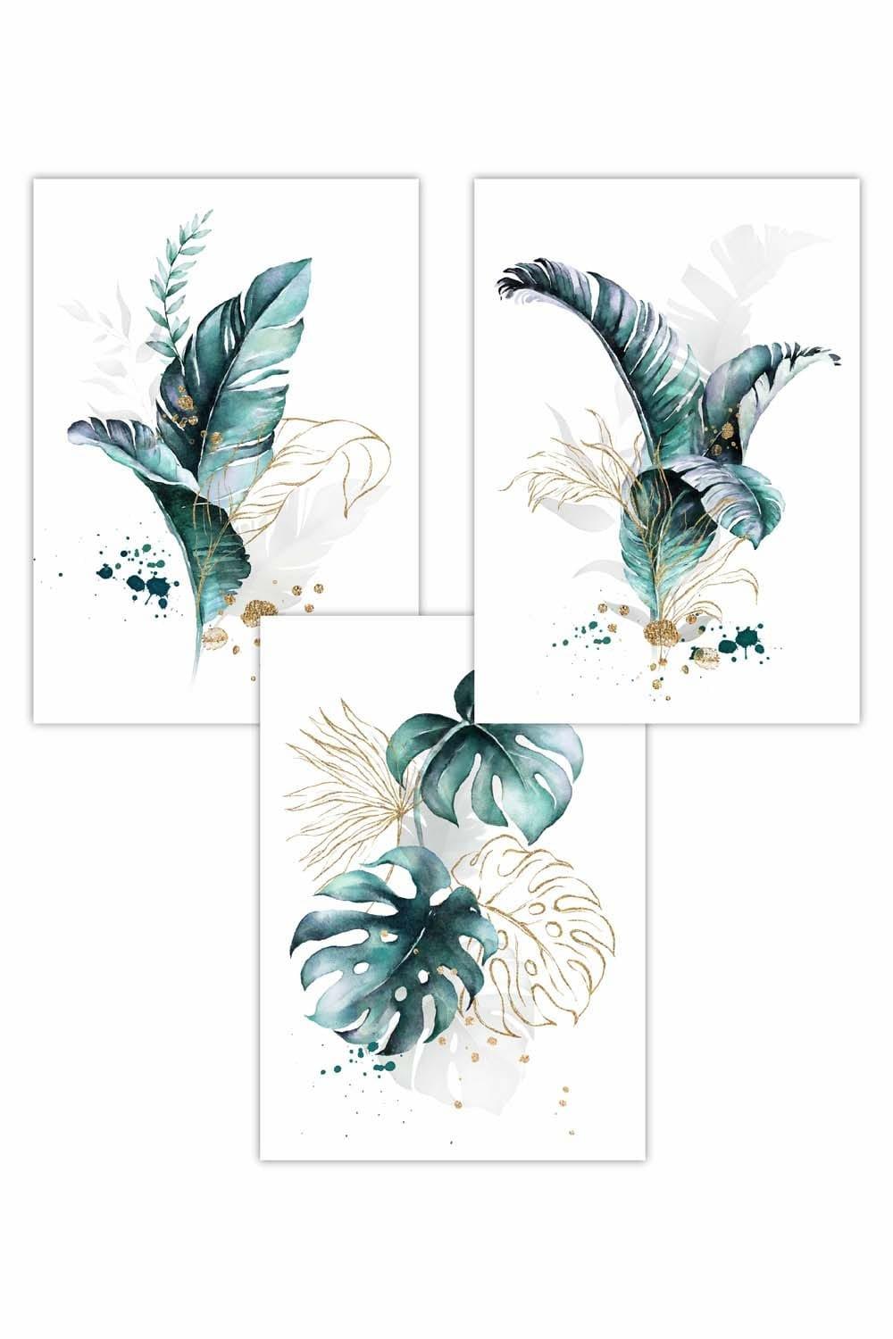 Set of 3 Teal Blue and Gold Botanical Leaves Art Posters