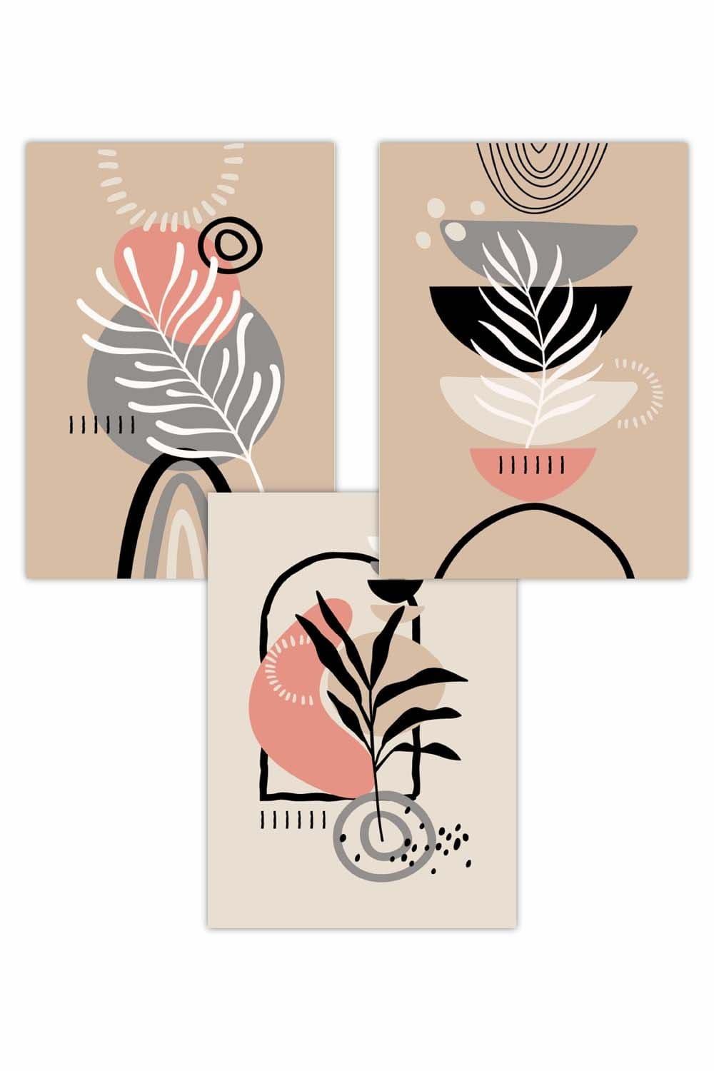 Set of 3 Boho Abstract Floral in Pink Black Beige and Grey Art Posters
