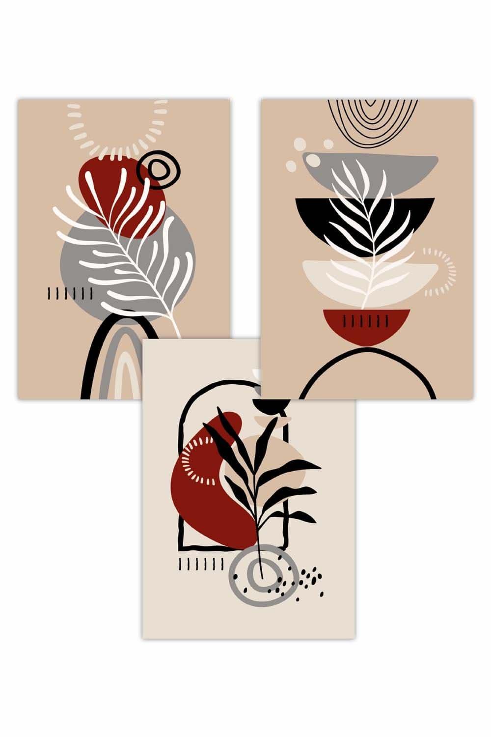 Set of 3 Boho Abstract Floral in Black Beige Red and Grey Art Posters
