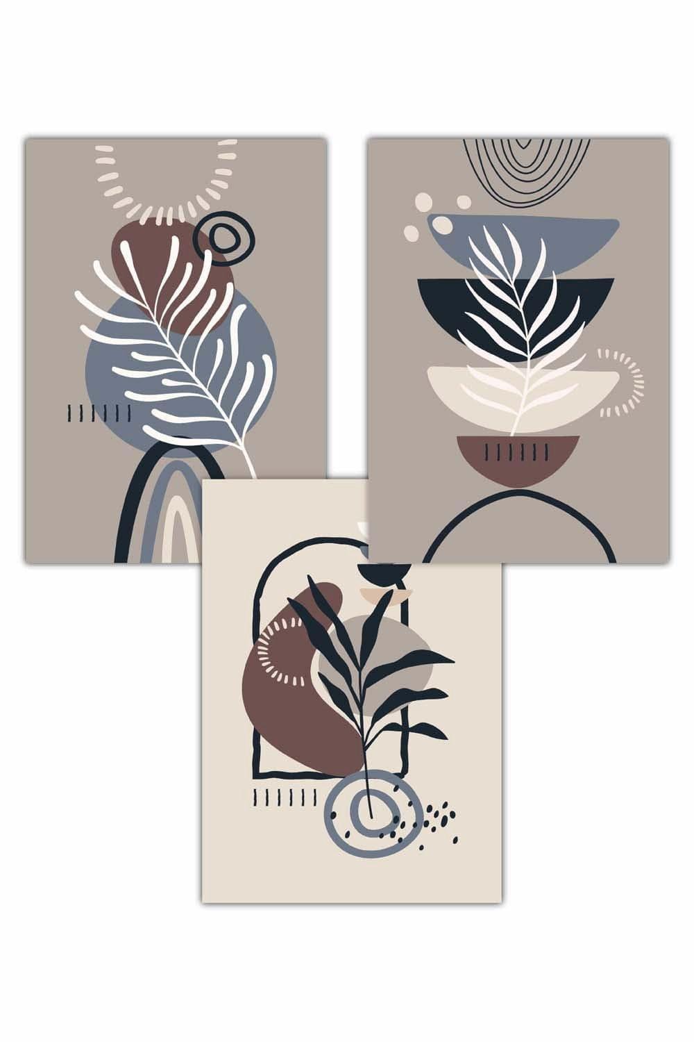 Set of 3 Boho Abstract Floral in Black Beige Blue and Brown Art Posters
