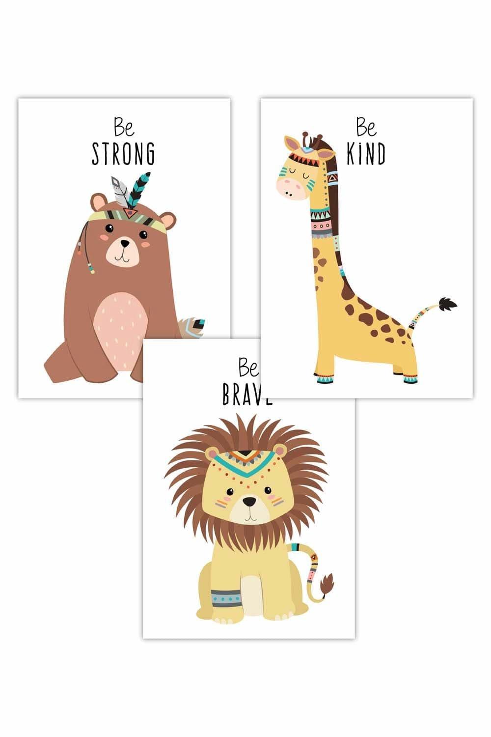 Set of 3 Nursery Tribal Lion, Bear, Giraffe Quote Prints Art Posters