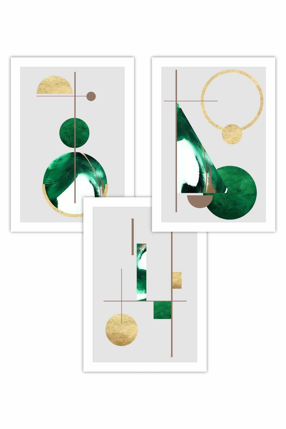 Set of 3 Abstract Textured Geometric Art in Green and Gold Art Posters