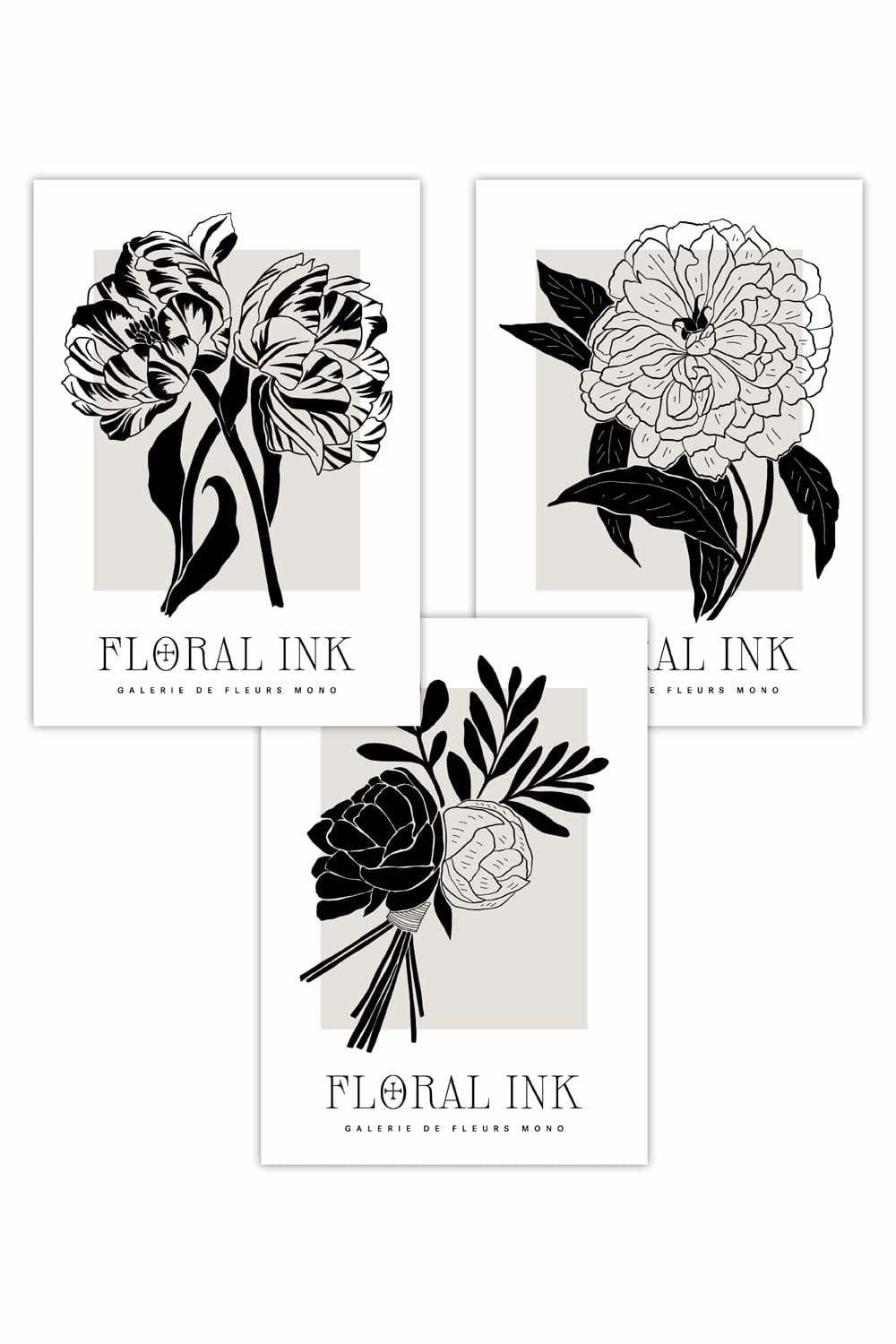 Set of 3 Floral Sketch Ink Garden Flowers in Black Art Posters