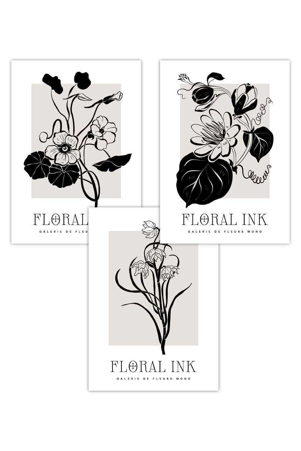 Set of 3 Floral Sketch Ink Climbing Flowers in Black Art Posters