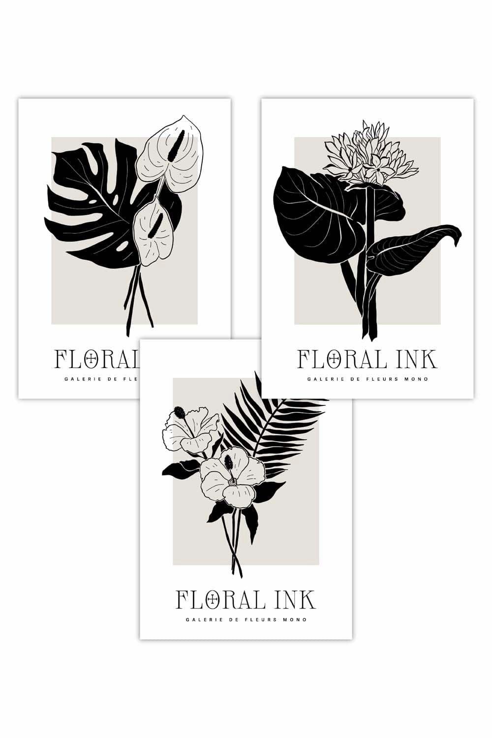 Set of 3 Floral Sketch Ink Botanical Leaves in Black Art Posters