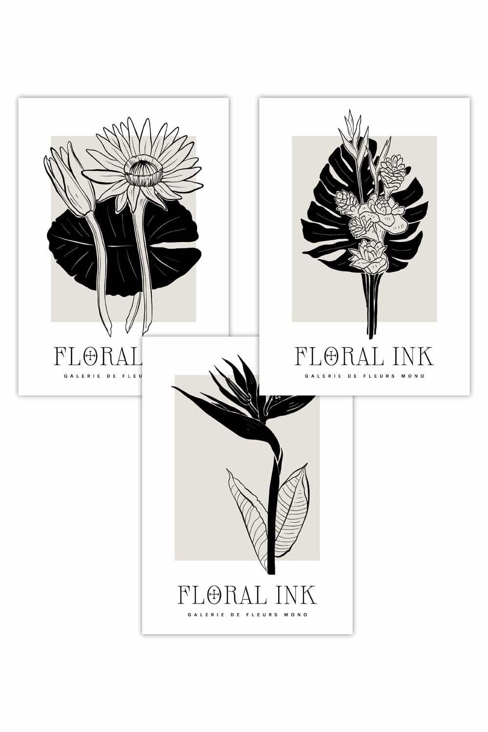 Set of 3 Floral Sketch Ink Tropical Leaves in Black Art Posters